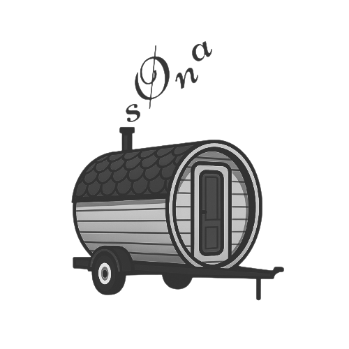 logo du site web, une roulotte de sauna où la fumée est remplacée par le nom du site, 'sØna'